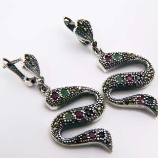 15+g Natural Ruby Emerald Sapphire Gemstone Marcasite 925 Silver Snake 