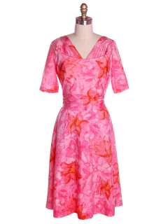 Vintage Hot Pink Printed Dress & Matching Hat 1950s Sz 10  