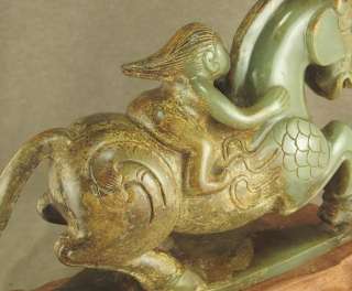 LARGE WITH CARVED CHINESE OLD JADE STATUE WILD MAN RIDE HORSE  