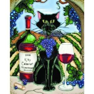   Black Cat With Cabernet Bottle & Vineyard Background