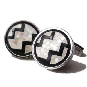 White Speckled Zig Zag Mosaic Mother of Pearl and Onyx Cufflinks DD 