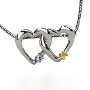  Two Linked Hearts Pendant, Platinum Necklace with Citrine 
