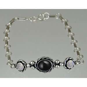   Chain Bracelet with Genuine Black Onyx Accented with Rainbow Moonstone