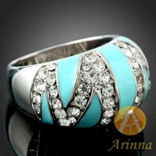 ARINNA turquoise blue enamel trendy finger Ring white gold GP 