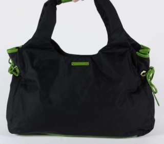 Kate Spade New York Black Nylon Tote Shopper Green Leather Trim Chrome 