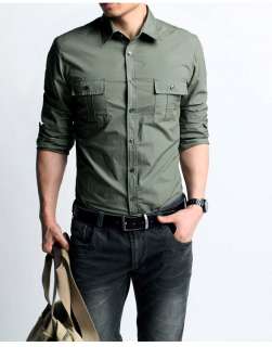 Slim Fit/ Mens Military Style Shirt / Casual Shirt/ Cotton 100%/ Army 