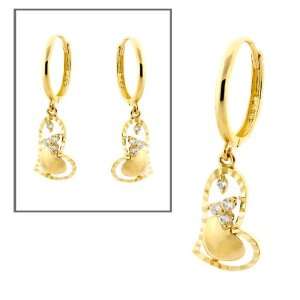  14KT Gold Dangling Double Heart With CZ Flower Jewelry
