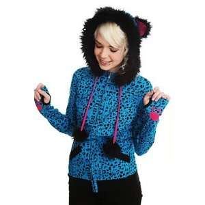  Turquoise Blue & Black Leopard Print Kitty Cat Fur Hoodie 
