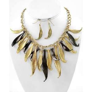  Two Tone Feather Charm Necklace and Earrings Set: Jewelry