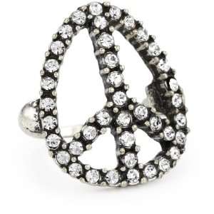 Lucky Brand Glitz Adjustable Rings Silver Tone Pave Peace Adjustable 