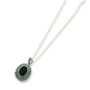   Sterling Silver Marcasite & Onyx Locket On 24 Chain Necklace: Jewelry