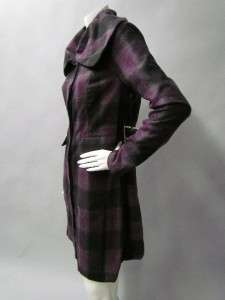 NWT PRINCESS PEA COAT Purple Plaid Checker Wool Blend Button Down 
