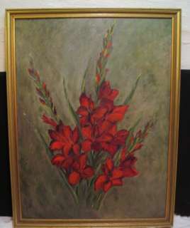 MID CENTURY OIL ON BOARD PAINTING~RED IRIS FLOWER BOUQUET~FRAMED 