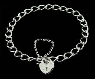   925 STERLING SILVER CURB LINK CHAIN CHARM BRACELET WITH HEART PADLOCK