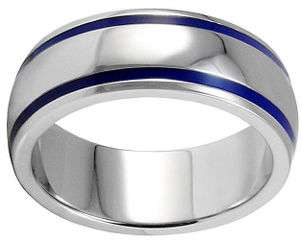 Mens blue and silver titanium wedding band ring