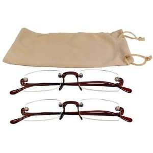 Reading Glasses Lot Of 2 Rimless Plastic FREE CASE Brown +1.25