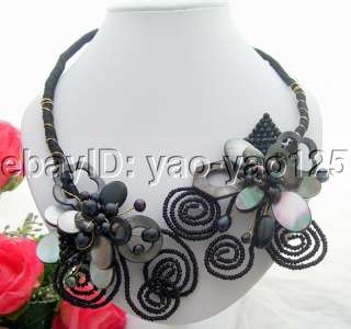 Charming! Black Pearl&Shell Flower&Crystal Necklace  