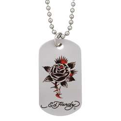 Ed Hardy Steel Black/ Red Rose Print Dog Tag Necklace  Overstock