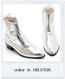 Mens western zipper ankle Mid calf boots glitter Silver  