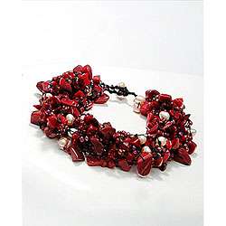 Cotton Rope Red Coral, Crystal, and Pearl Bracelet (3 5 mm) (Thailand 