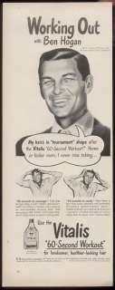1948 golf Ben Hogan portrait Vitalis hair tonic ad  