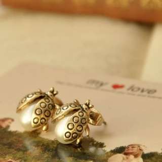 Korean Retro Sweet Lovely Imitation Pearl Ladybug Insect Earring Stud 