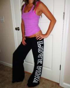 VICTORIAS SECRET Love Pink Side Leg Logo Black Lounge Sweat Pants EUC 