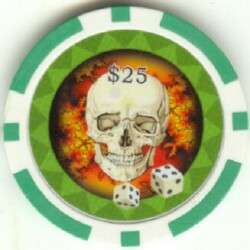 11.5 gm SKULL  DICE poker chip roll of 50   Green $25  