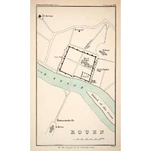 1882 Lithograph Ancient Map Rouen England Notre Dame Hermentrudeville 
