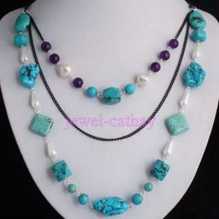 turquoise howlite blue drop pearl bead pendant necklace  