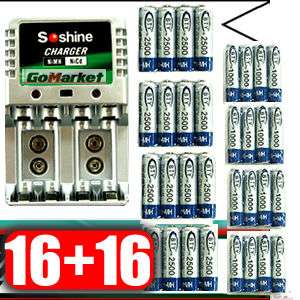 16+16 AA AAA 1.2v NiMH Rechargeable Battery +Charger s  