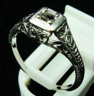 WHITE GOLD ANTIQUE FILIGREE 3MM ROUND SOLITAIRE SEMI MOUNT RING 