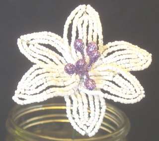 French Beaded Lily Handmade Flowers White and Purple  