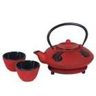 MIYA Red Cast Iron Tea Set  Teapot, Two Cups And Trivet