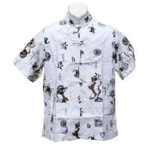  White Chinese Calligraphy Gold Print Designs Shirts   US 