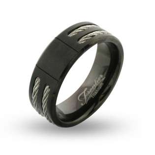 Mens Wide Black Titanium Signet Ring with Double Cable Inlay 