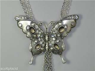   Butterfly Pendant Silver Crystal Costume Statement Necklace Set  