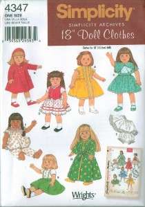 Simplicity American Girl 18 Doll Clothes Sew Pattern  