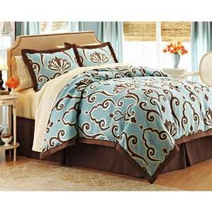  Luxury Blue Brown Swirl Damask Queen Comforter Set (8pc 