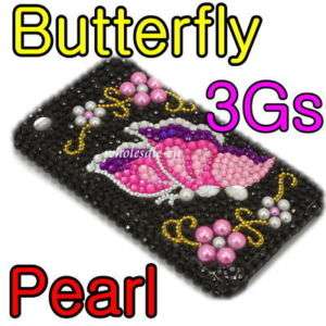 butterfly Pearl Rhinestone Case Hard Cover iPhone 3GS !  