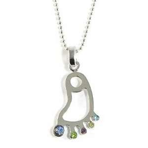   Funky Multi Crystal Foot Outline Charm Necklace Silver Tone Jewelry