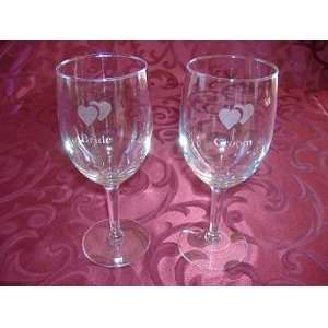 Etched Wine Glasses   Bride & Groom 