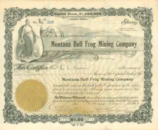 Montana Bull Frog Mining Co, Arizona AZ Stock Certificate  