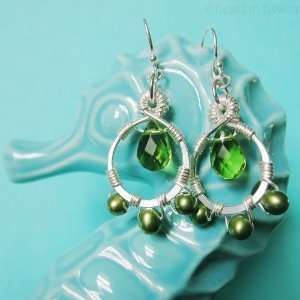 Petal Drop Earrings   Sea Glass   bottle green glass and pearl silver 