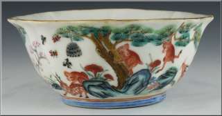Fine 19thC Antique Chinese Famille Rose Bowl w/ Monkeys & Deer  