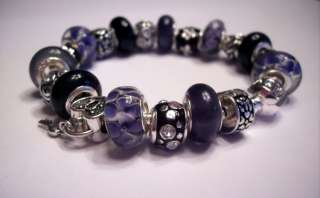 Premier European Charm Bracelet Black Purple Murano Bead Enamel LRM 