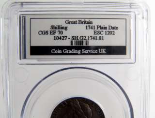 1741 George II Shilling EF 70. CGS 2nd Finest Known. Coin Has Ten 