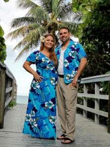 VINTAGE 60s HIS HERS MATCHING BARKCLOTH HAWAIIAN DRESS & SHIRT WEDDING 
