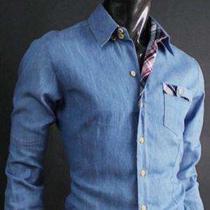 Herren Designer Hemd Slim Fit Shirt Jeans Hemd Blau L  