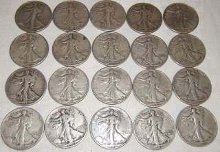 20 Old silver US Walking Liberty half dollars $10. face ALL WW2 dates 